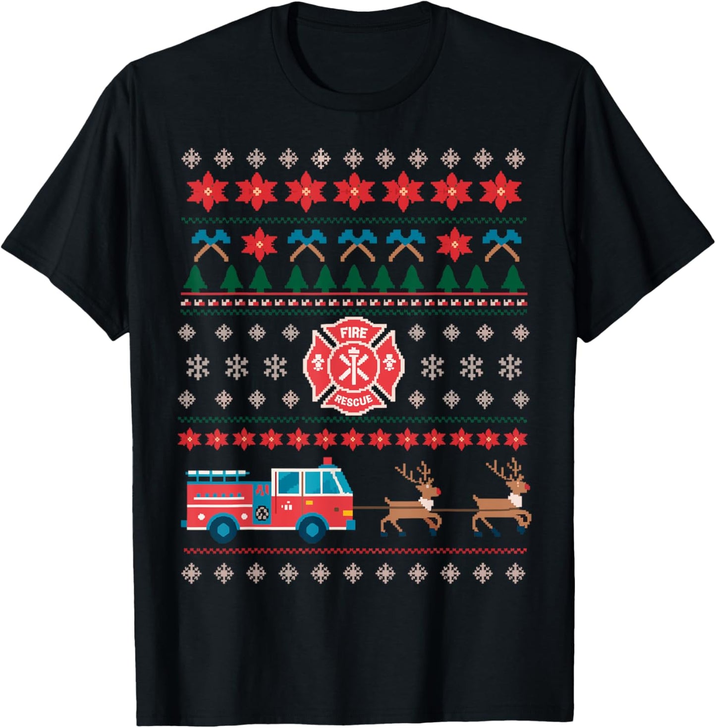 Firefighter Fire Rescue Funny Christmas Ugly Sweater T-Shirt - T-Shirt | Black