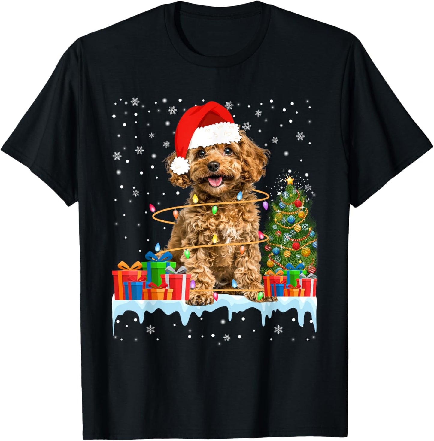 Funny Santa Poodle Dog Christmas Lights Xmas Pajamas T-Shirt - T-Shirt | Black
