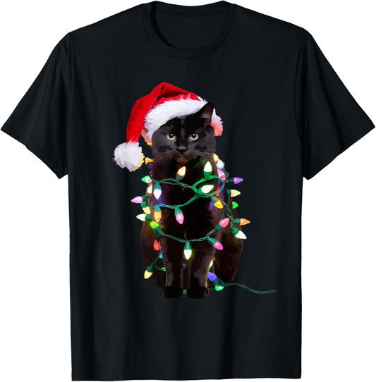 Black Cat Christmas Tree Lights Funny Santa Kitten Led Light T-Shirt - T-Shirt | Black