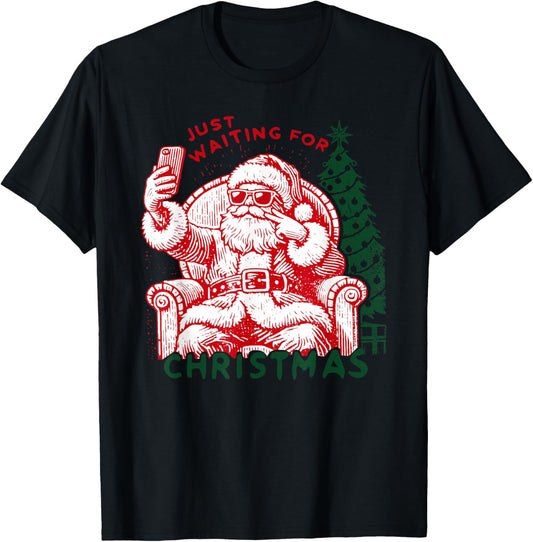 Retro Just Waiting For Christmas, Christmas Funny Santa T-Shirt - T-Shirt | Black