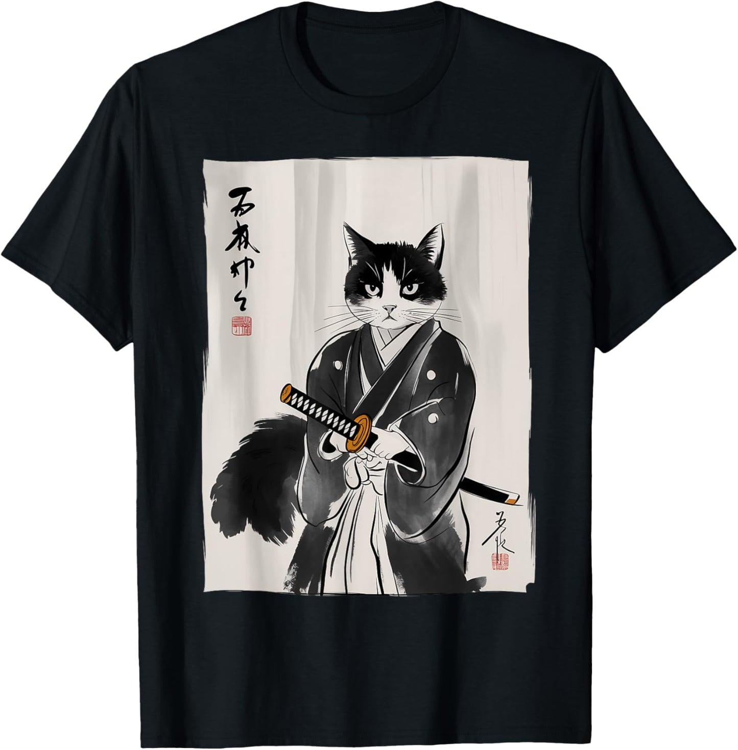Samurai Cat Japanese Art Gifts For Cat Mom Cat Dad Cat Lover T-Shirt - T-Shirt | Black