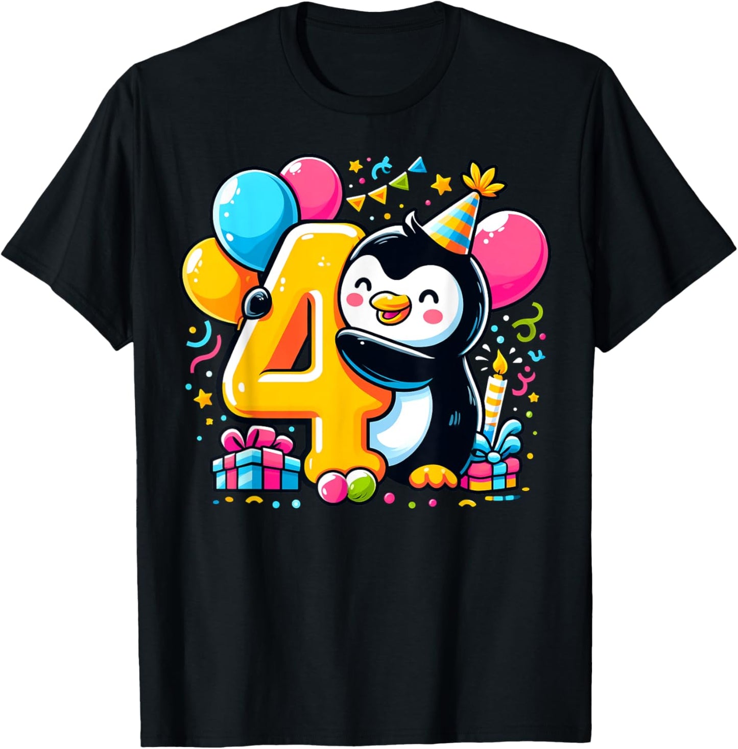 Kids Penguin Theme fourth Bday Party 4th Penguin Birthday T-Shirt - T-Shirt | Black