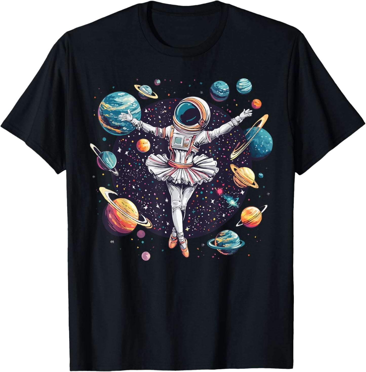 Astronaut Ballerina Dancing In Space Planets Galaxy Kid Girl T-Shirt - T-Shirt | Black