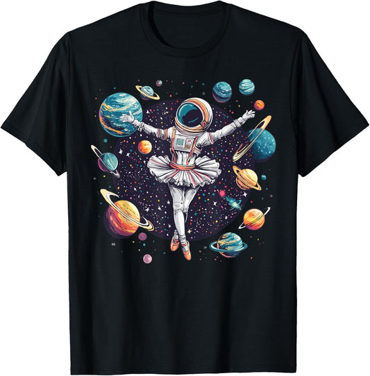 Astronaut Ballerina Dancing In Space Planets Galaxy Kid Girl T-Shirt - T-Shirt | Black