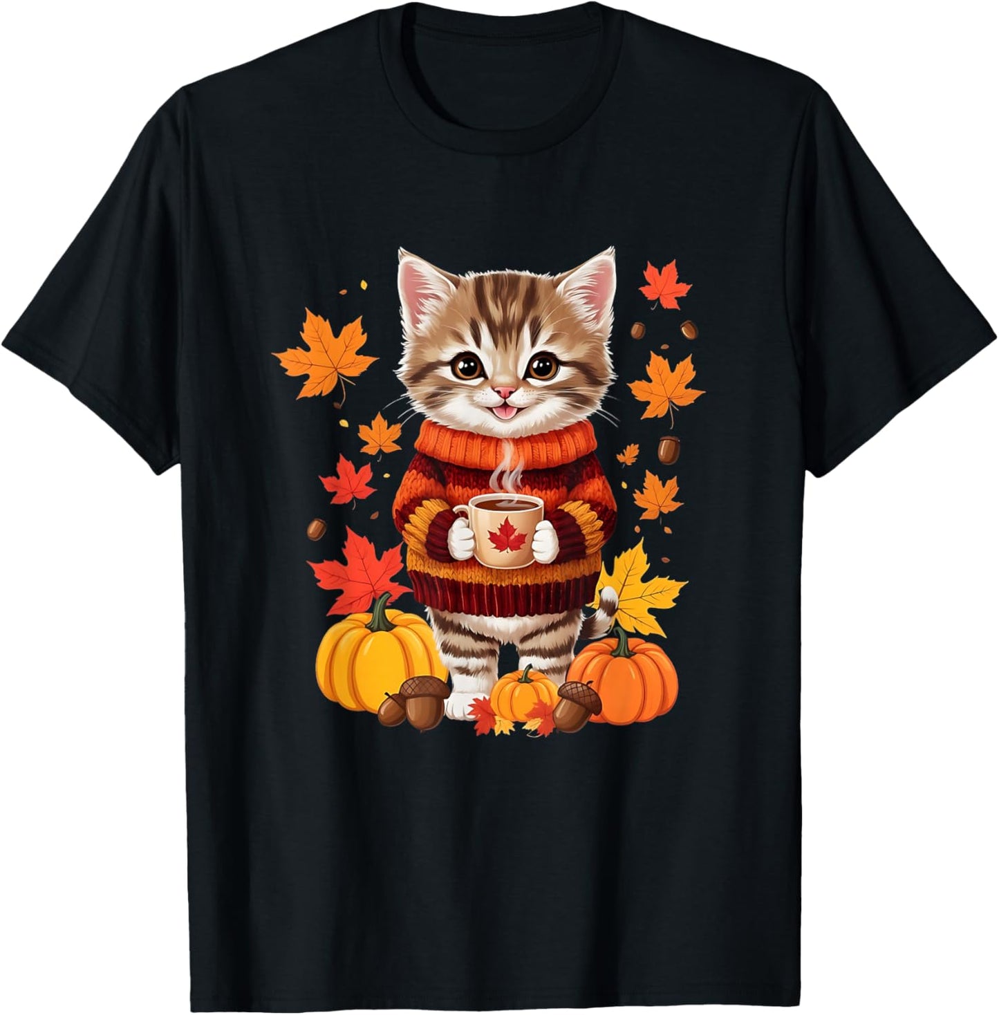 Cute Kitten with Jumper Funny Autumn Graphic T-Shirt - T-Shirt | Black