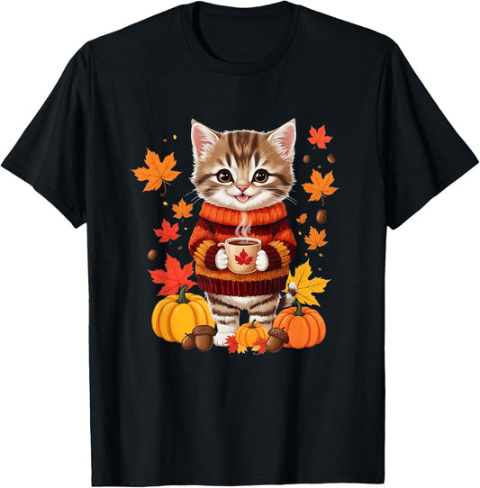 Cute Kitten with Jumper Funny Autumn Graphic T-Shirt - T-Shirt | Black