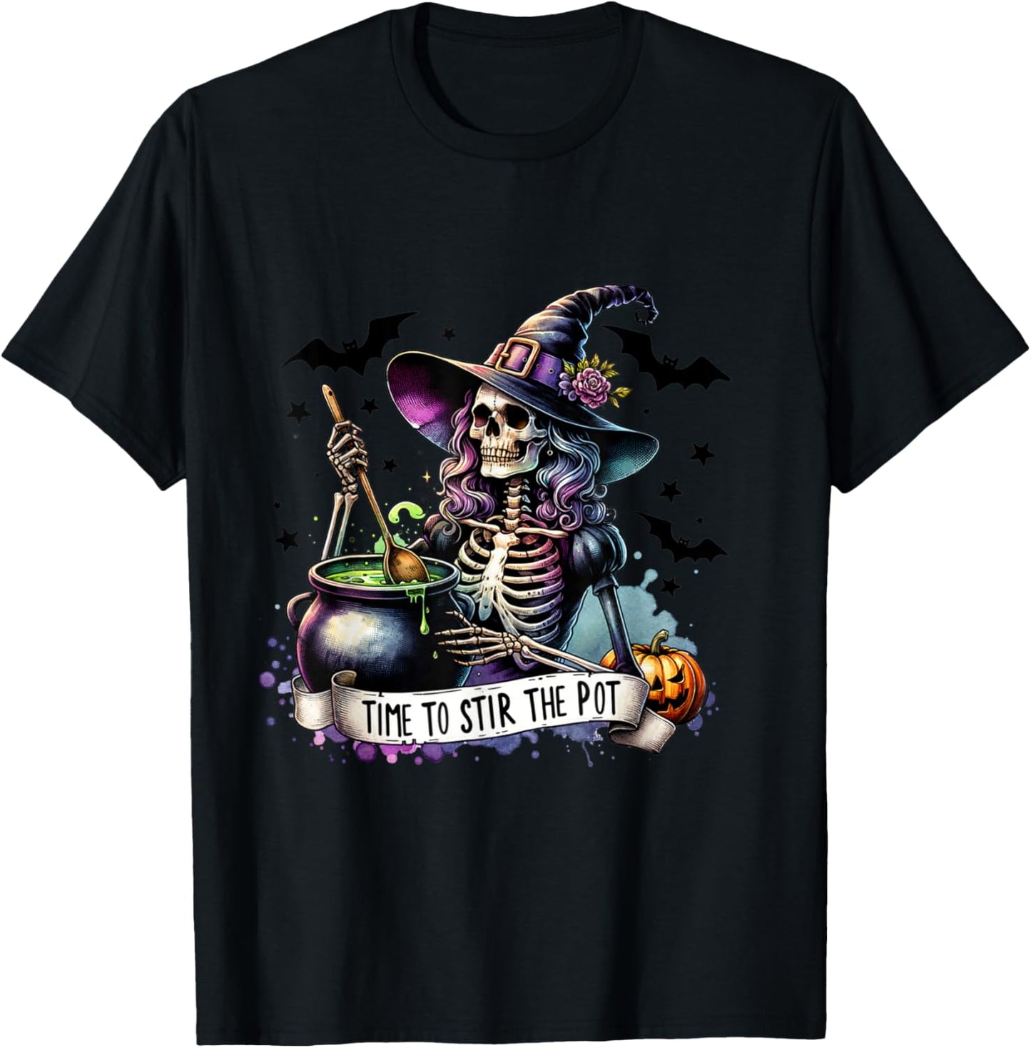 Time To Stir the pot Skeleton Woman Witch Halloween Pin-Up T-Shirt - T-Shirt | Black