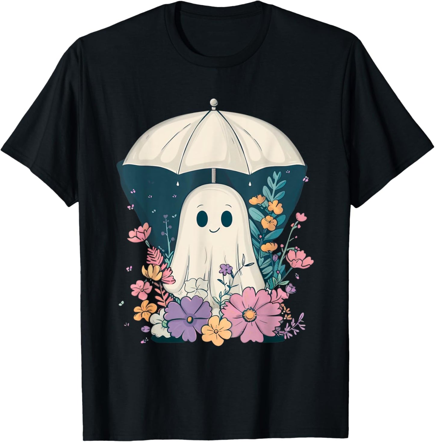 Cute Boho Ghost Under Umbrella Halloween Party Ghost Costume T-Shirt - T-Shirt | Black