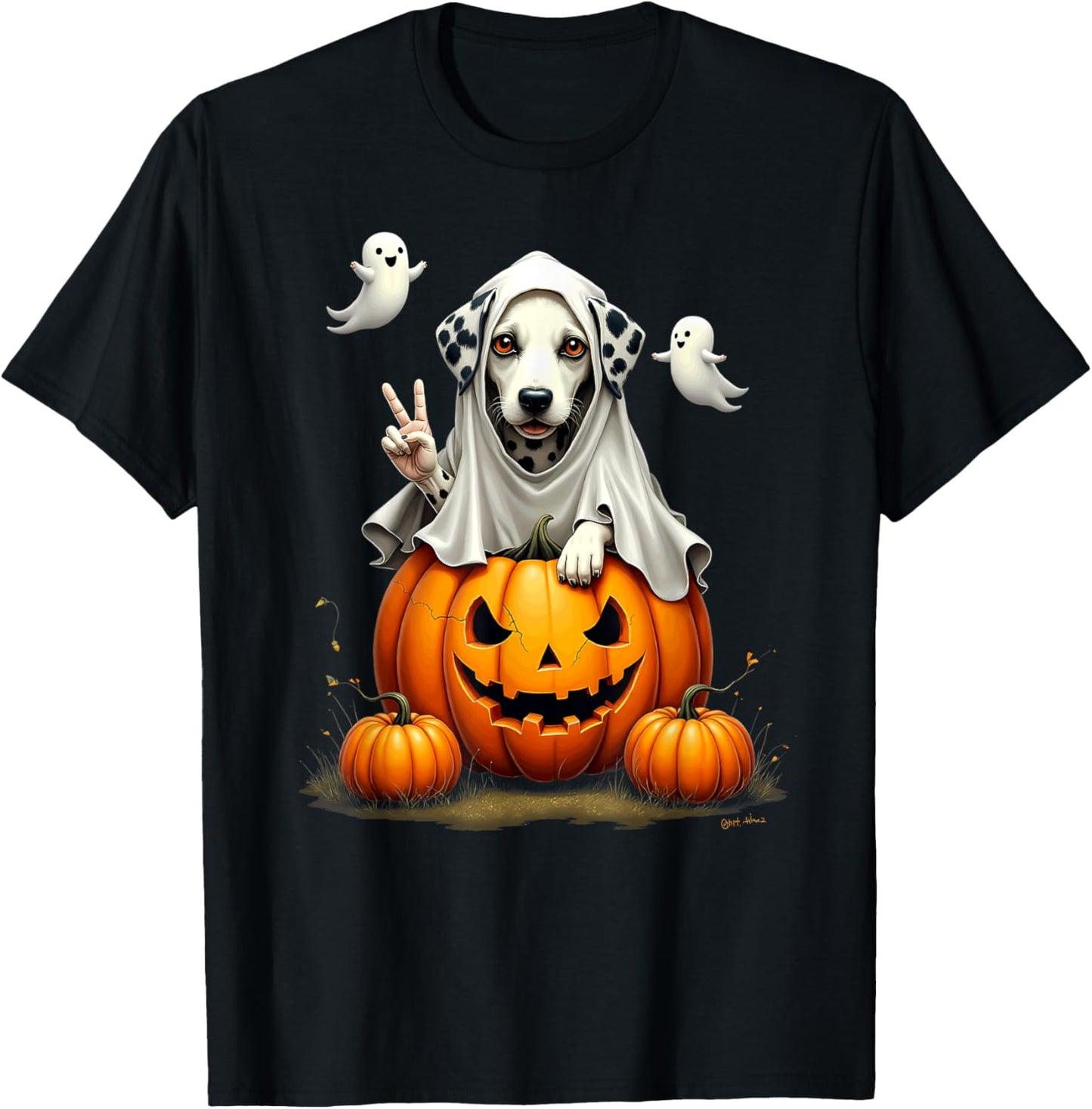 Pumpkin Boo Ghost Dalmatian Dog Halloween Costume Men Women Kids T-Shirt - T-Shirt | Black