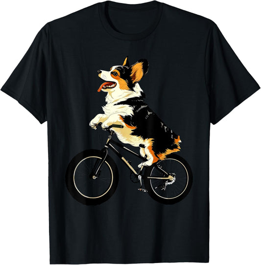 Corgi Dog Riding Bicycle Cycling Biking Dog On A Bicycle T-Shirt - T-Shirt | Black