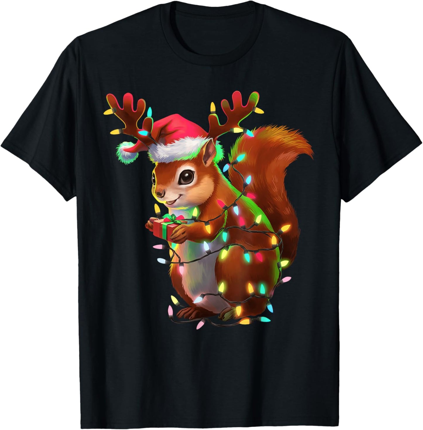 Christmas Squirrel Lights Santa Hat Xmas Family Men Women T-Shirt - T-Shirt | Black