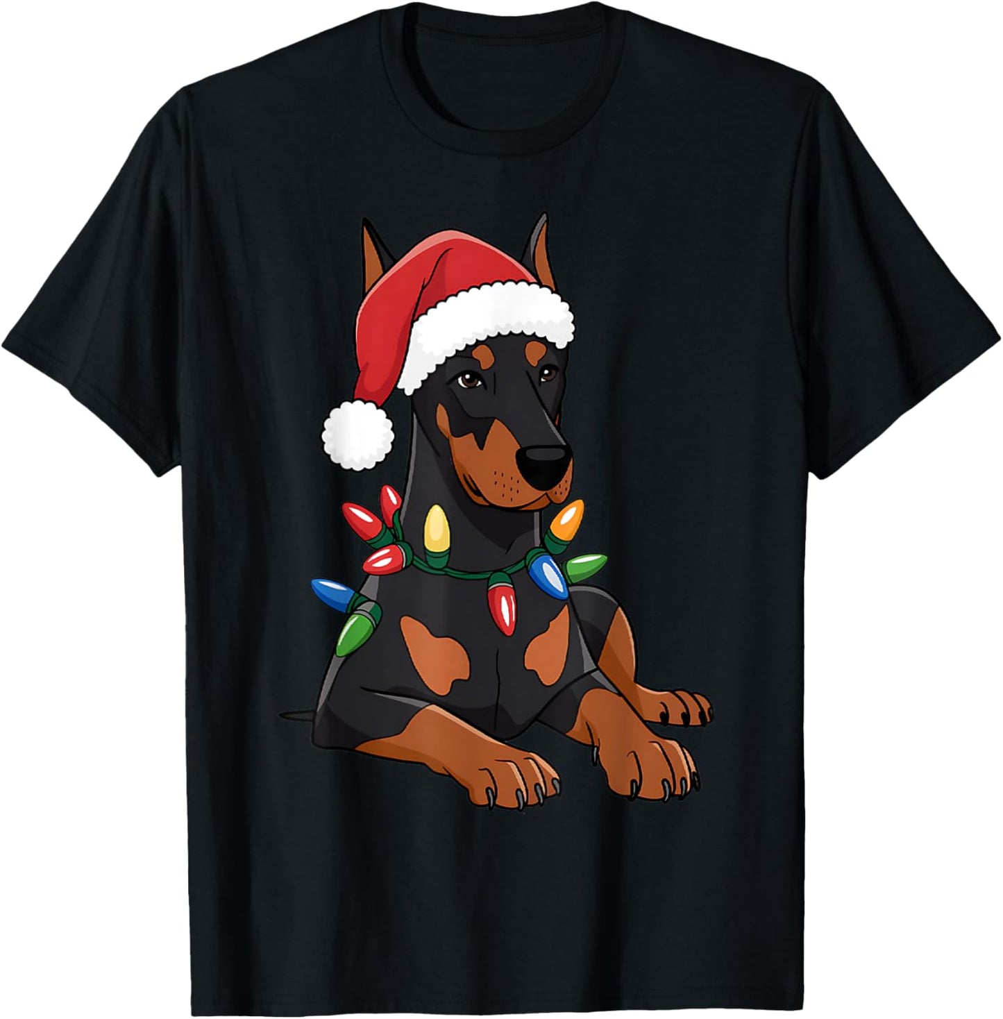 Doberman Santa Christmas Lights Dog Lover Xmas Men Women T-Shirt - T-Shirt | Black