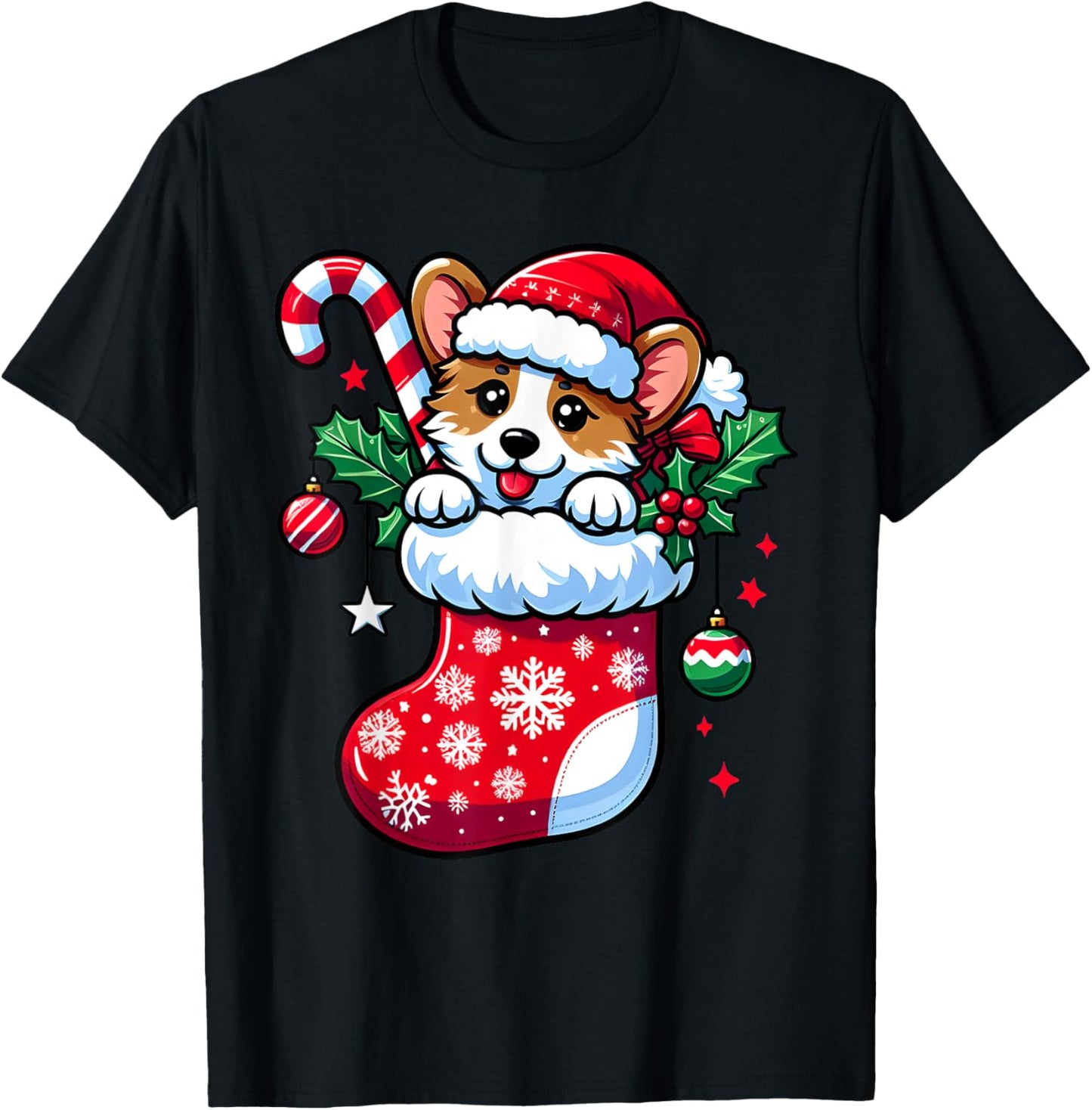 Cute Christmas Candy Cane Santa Corgi Dog in Xmas Stocking T-Shirt - T-Shirt | Black