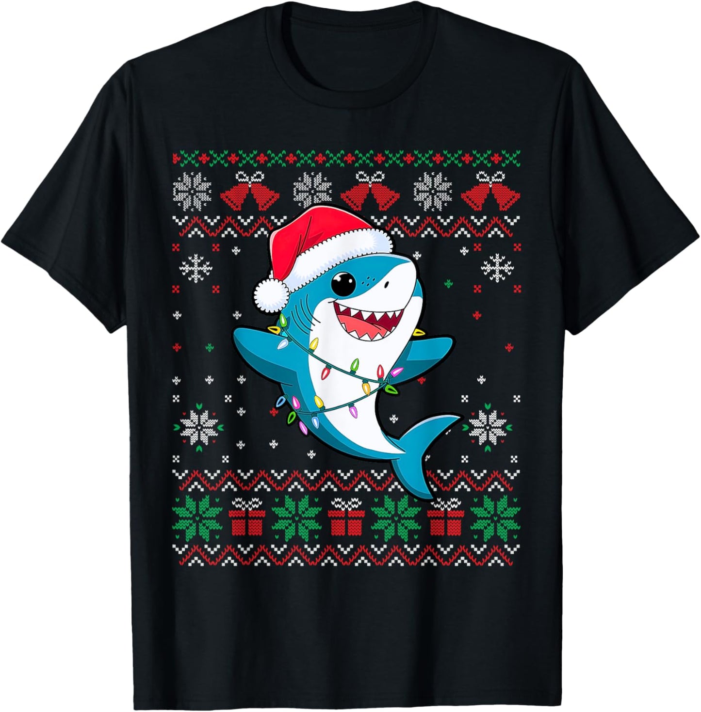 Funny Ugly Christmas Tree Shark Santa Hat Lights Xmas T-Shirt - T-Shirt | Black