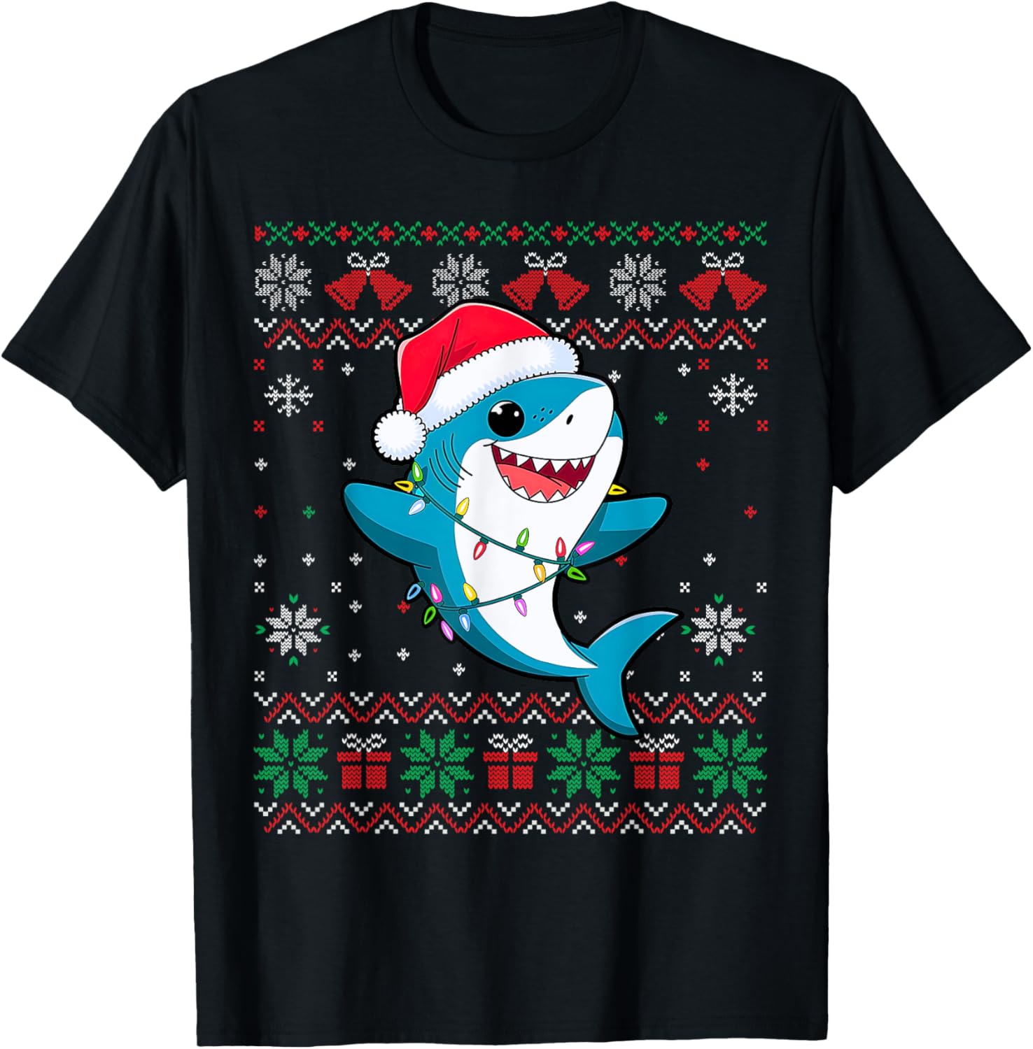 Funny Ugly Christmas Tree Shark Santa Hat Lights Xmas T-Shirt - T-Shirt | Black