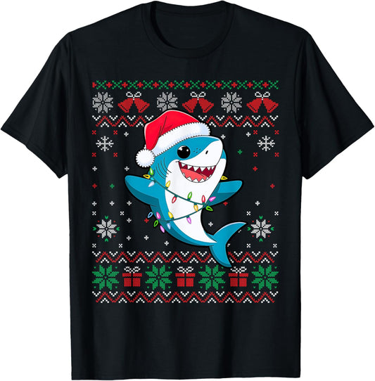Funny Ugly Christmas Tree Shark Santa Hat Lights Xmas T-Shirt - T-Shirt | Black