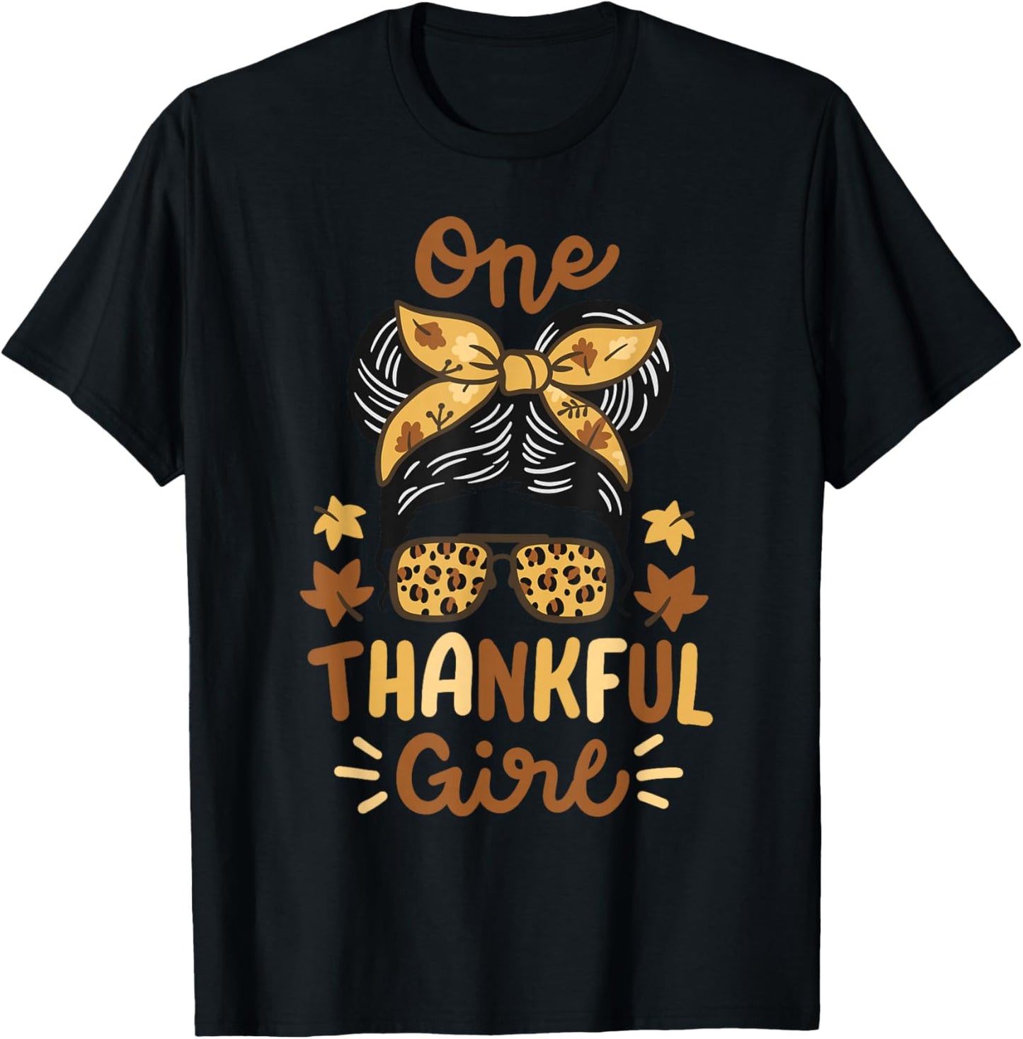 Thanksgiving Messy Bun Leopard Thankful Girl Women T-Shirt - T-Shirt | Black