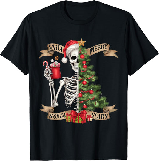 Funny Christmas Skeleton Sorta Merry Sorta Scary Tree Xmas T-Shirt - T-Shirt | Black