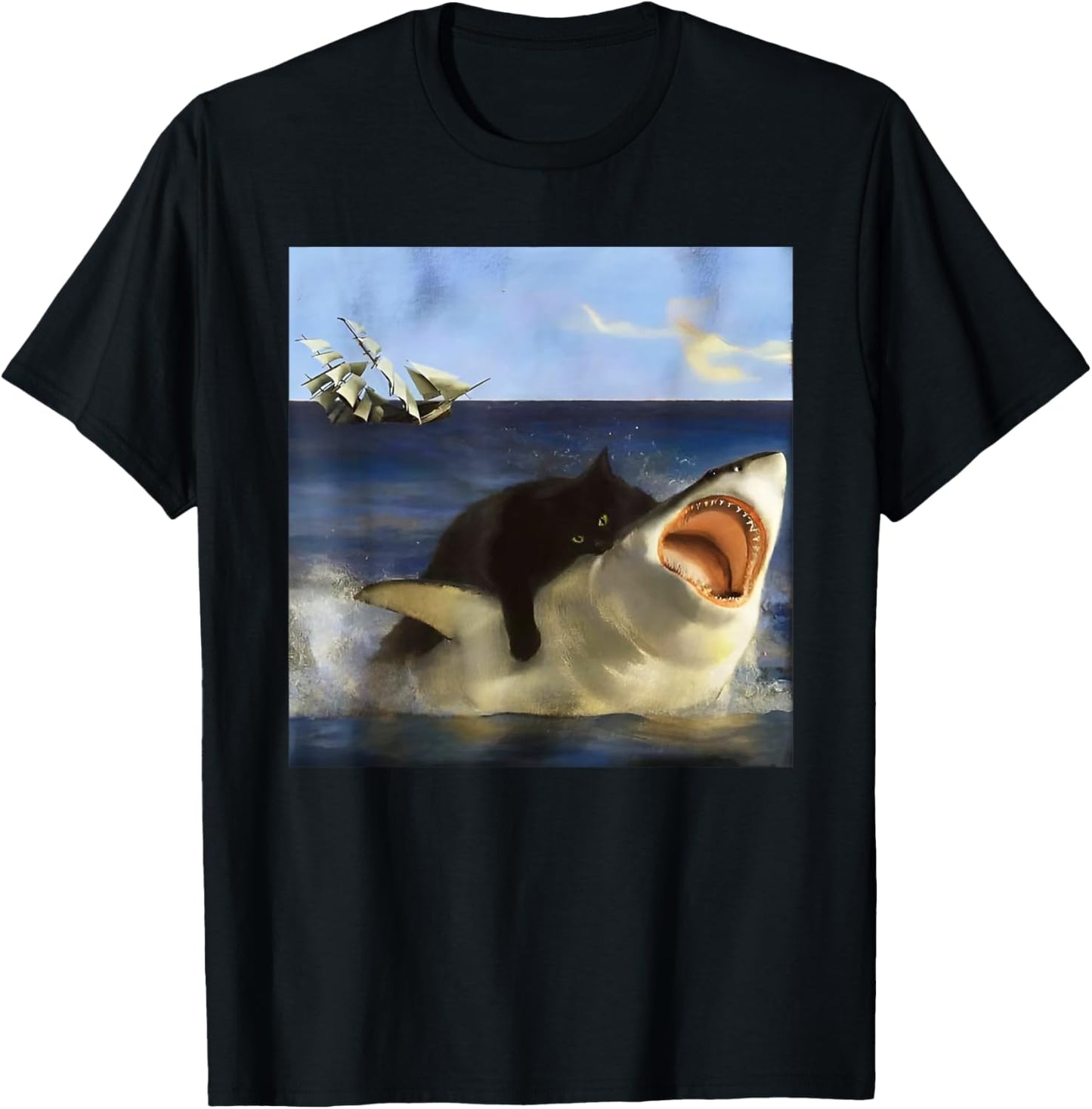 Graphic Cute Kitten Funny Animal Vintage Art Cat Meme Shark Women Girls Kids T-Shirt - T-Shirt | Black