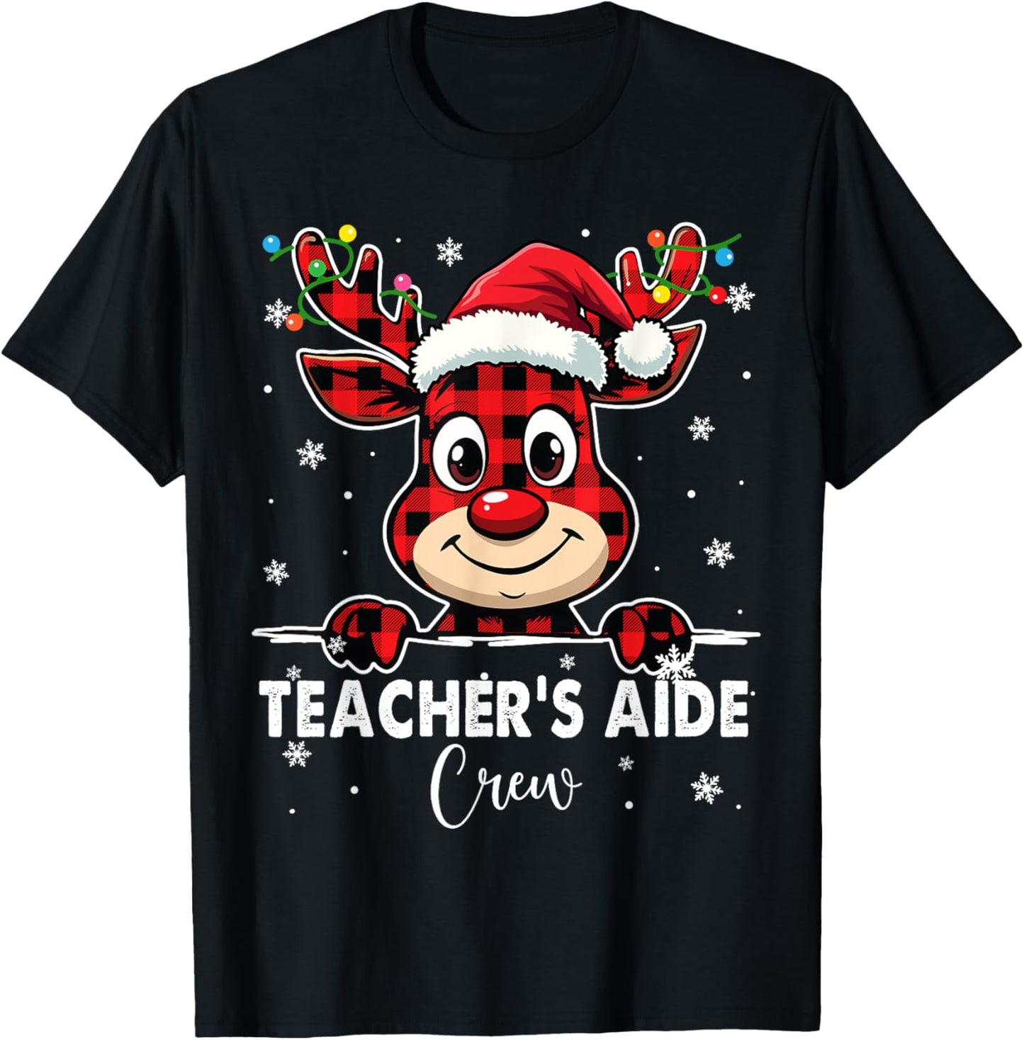 Funny Red Plaid Reindeer Teacher's Aide Crew Merry Christmas T-Shirt - T-Shirt | Black