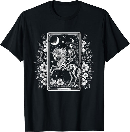 Skeleton Riding Unicorn Skeleton Tarot Card Halloween Flower T-Shirt - T-Shirt | Black