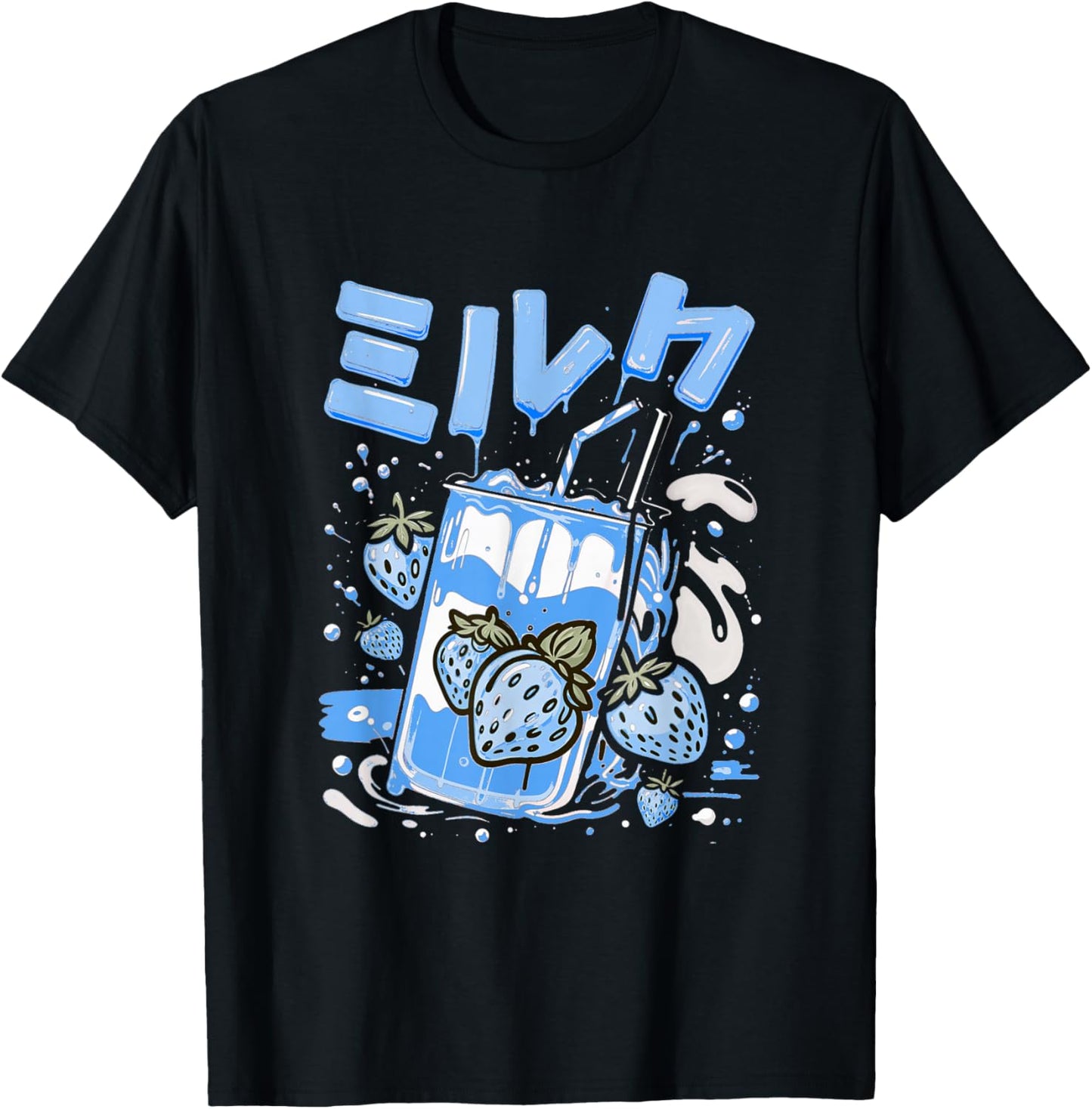Blue Strawberry Milk Blue Color Graphic T-Shirt - T-Shirt | Black