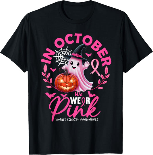 In October We Wear Pink Ghost Witch Breast Cancer Halloween T-Shirt - T-Shirt | Black