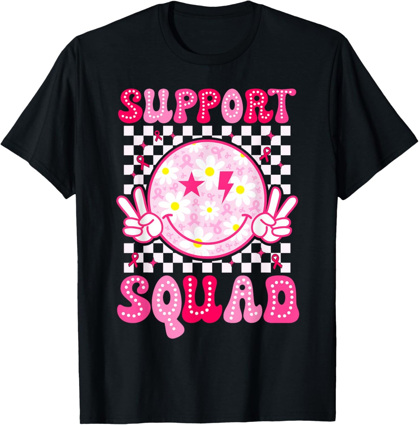 Support Squad Breast Cancer Awareness Pink Ribbon Smile Face T-Shirt - T-Shirt | Black