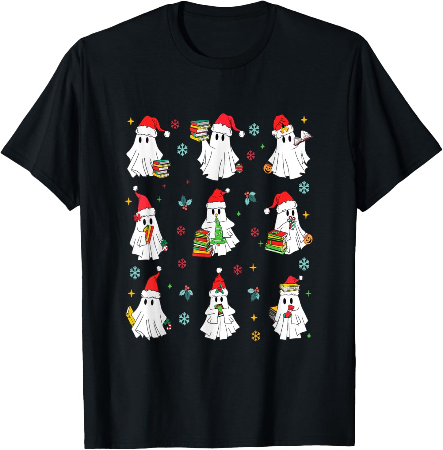 Ghosts Wearing Santa Hats Reading Books Christmas Book Lover T-Shirt - T-Shirt | Black