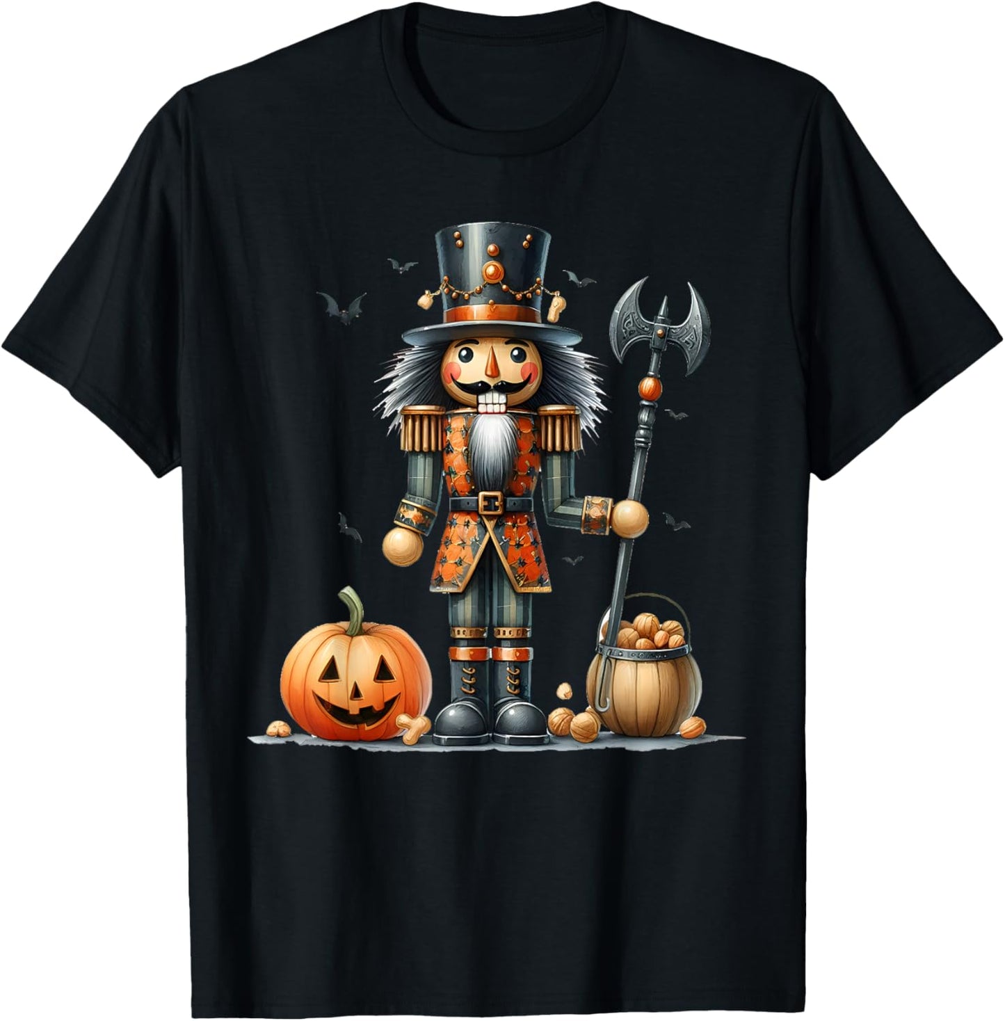 Retro Funny Nutcracker And Pumkins Hallothanksmas Halloween T-Shirt - T-Shirt | Black