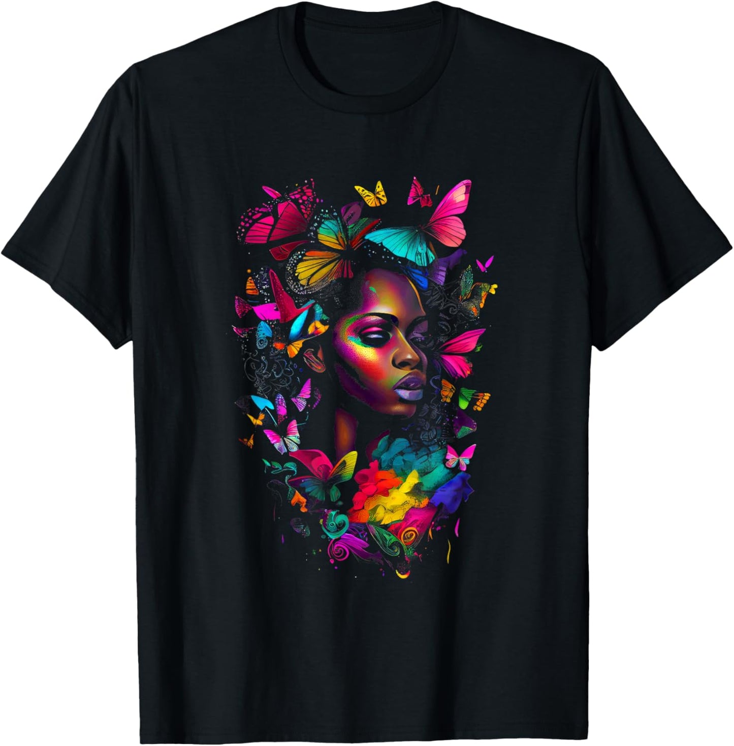 Black Woman Flowers Butterflies African American Art T-Shirt - T-Shirt | Black