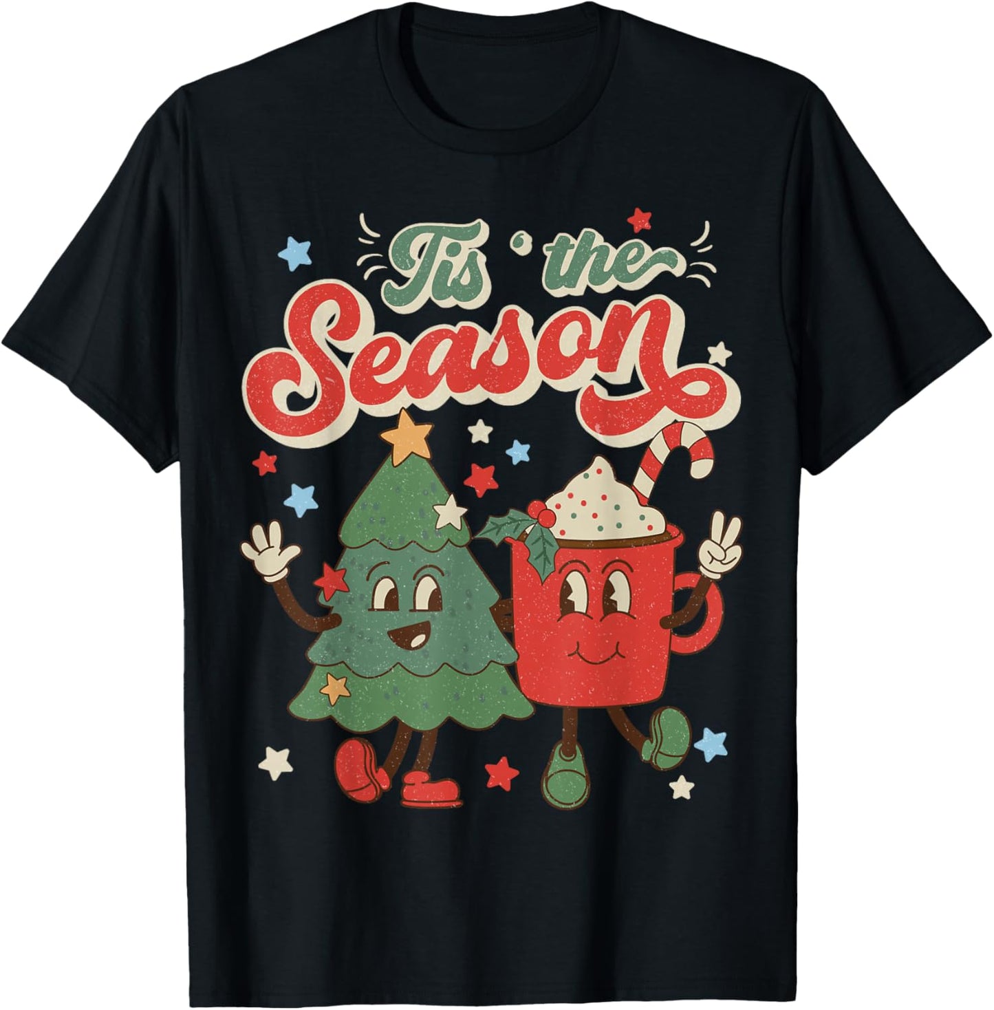 Vintage Christmas Tis The Season Christmas Tree Coffee Latte T-Shirt - T-Shirt | Black