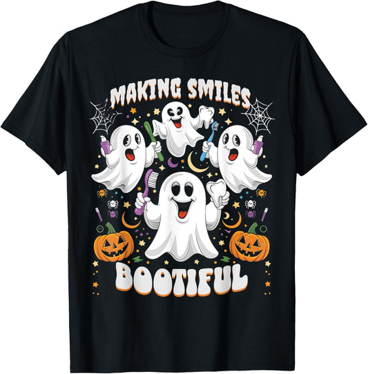 Making Smiles Bootiful Halloween Ghosts Funny Dentist Crew T-Shirt - T-Shirt | Black