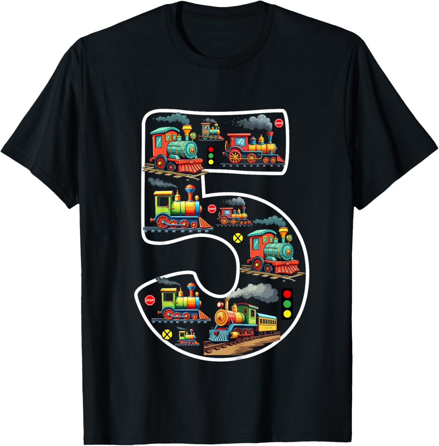 Kids 5 Year Old Boy Trains Birthday 5th Birthday Locomotive Train T-Shirt - T-Shirt | Black