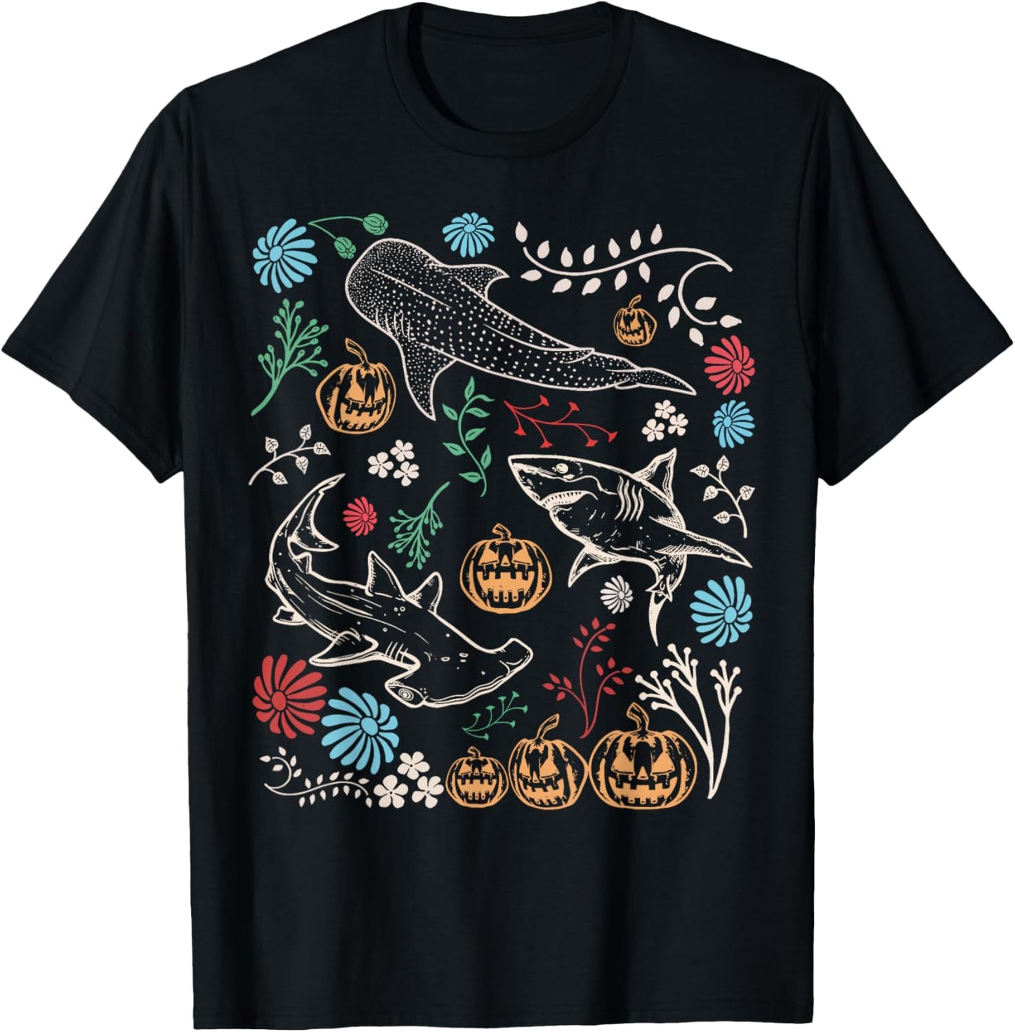 Vintage 90s Halloween Shark Pumpkin Ocean Marine Biology T-Shirt - T-Shirt | Black