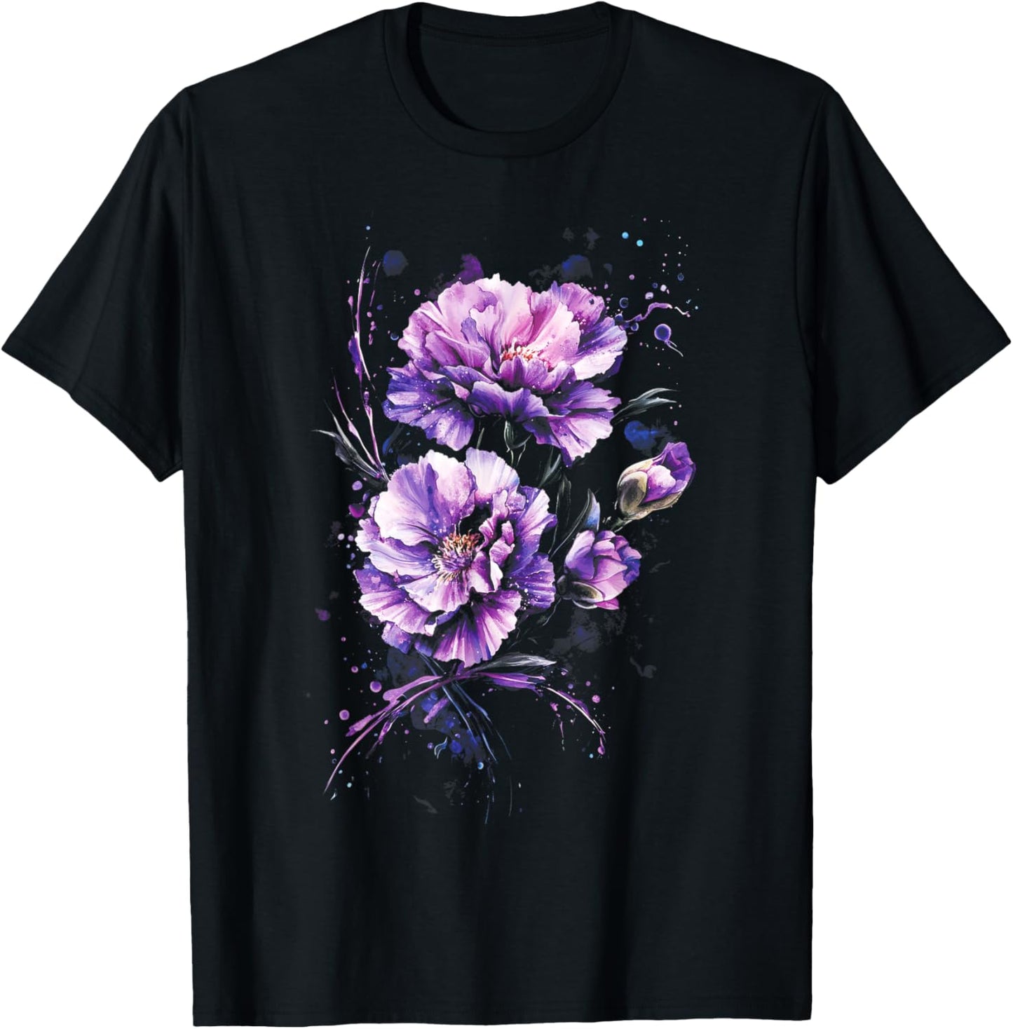 Purple Carnations Watercolor Splash Effect Floral T-Shirt - T-Shirt | Black
