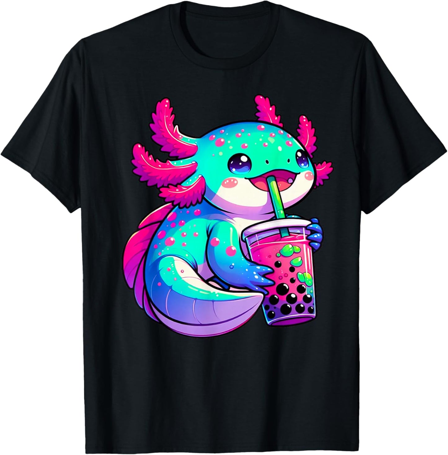 Axolotl Bubble Boba Tea Anime Cute Kawaii Blue Axolotl T-Shirt - T-Shirt | Black