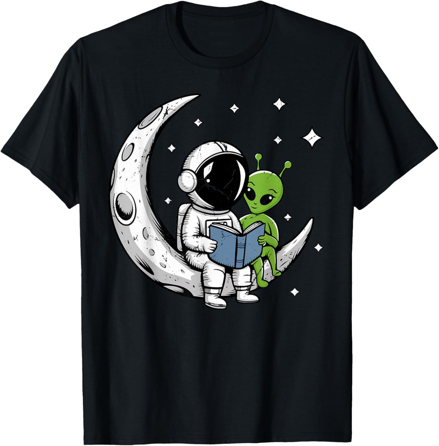 Astronaut Reading Book to Alien Moon Space Astronomy T-Shirt - T-Shirt | Black