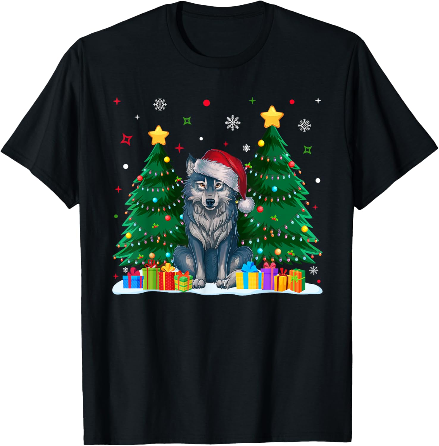 Funny Animal Lovers Wolf Santa Hat Ugly Christmas Sweater T-Shirt - T-Shirt | Black