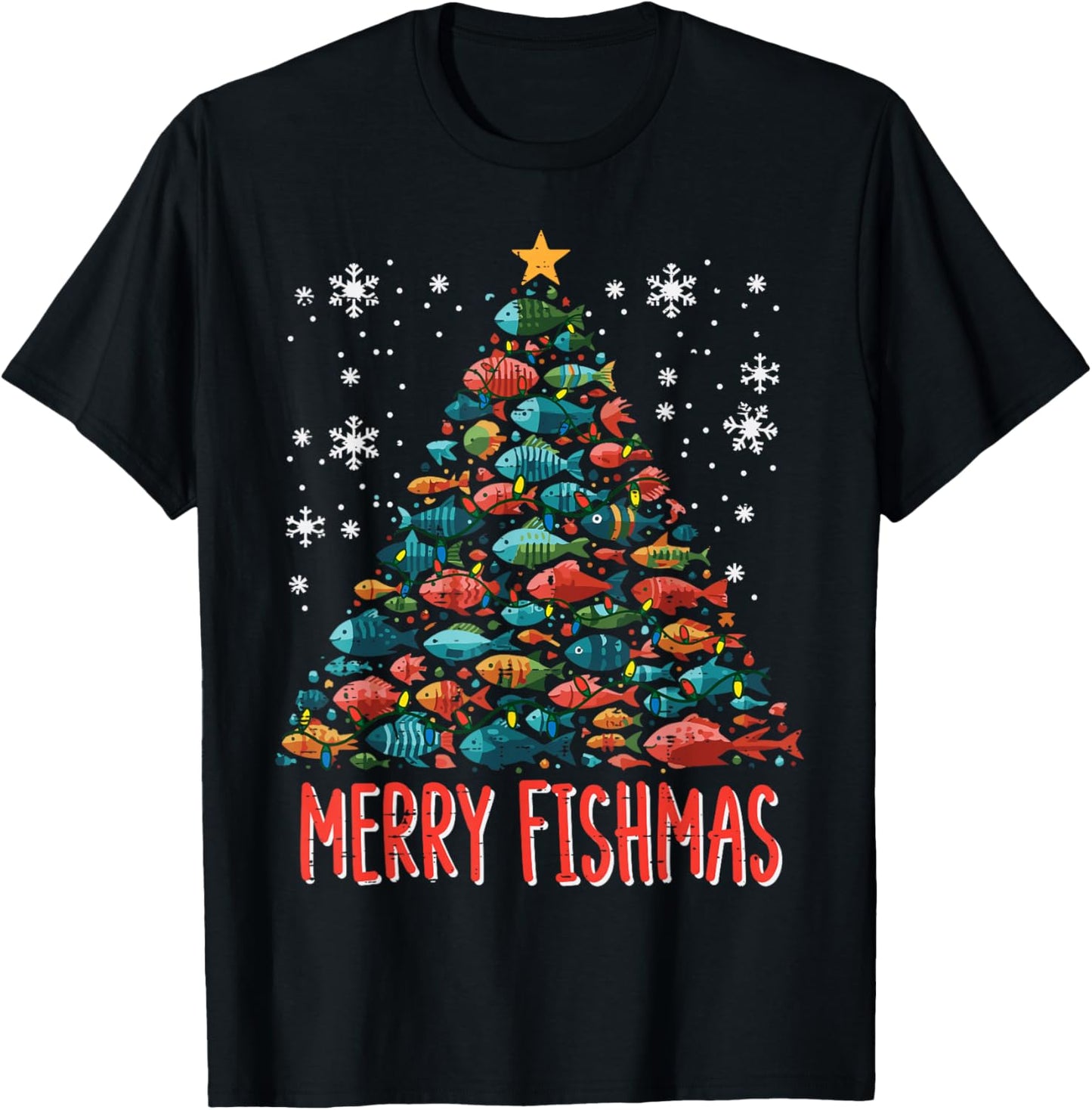 Fish Christmas Tree Merry Fishmas Xmas Boys Kids Men Women T-Shirt - T-Shirt | Black
