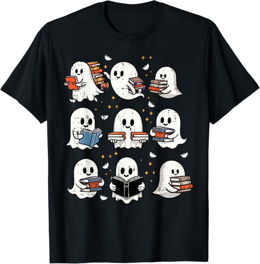 Ghosts With Books Library Halloween Men Women Kids Teacher T-Shirt - T-Shirt | Black