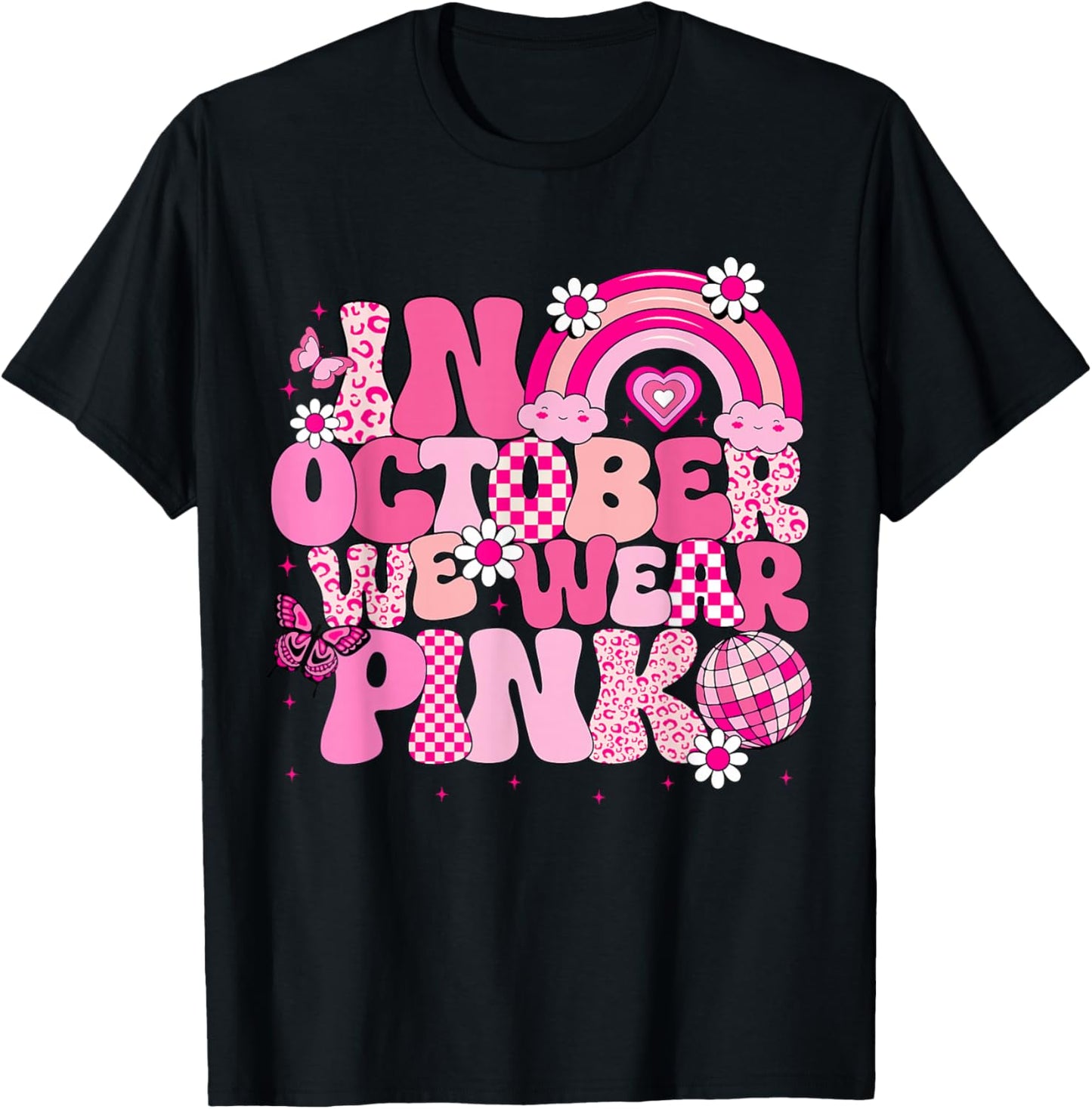 Groovy Breast Cancer Awareness In October We Wear Pink Kids T-Shirt - T-Shirt | Black