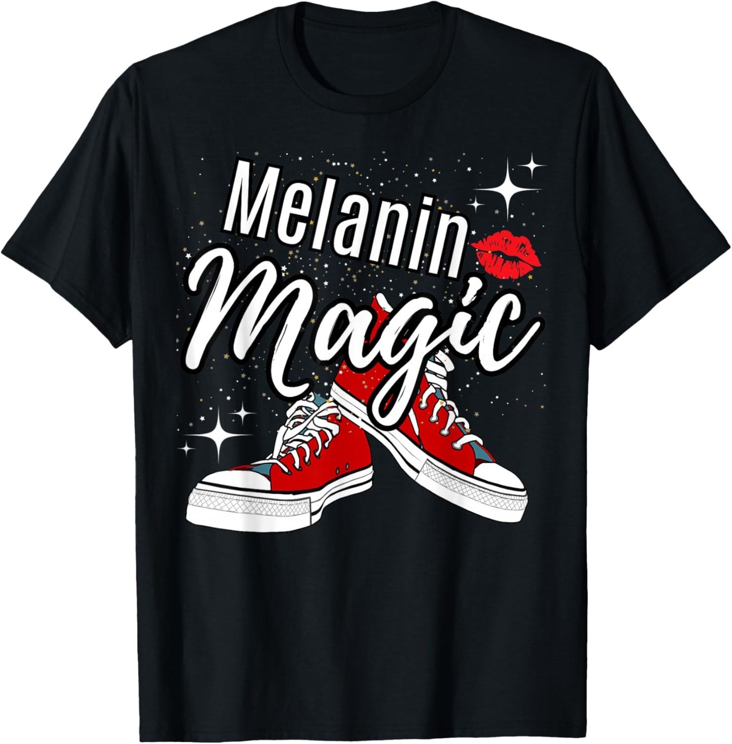 Melanin Magic Stars Lips Chucks Red Shoes Black Queen T-Shirt - T-Shirt | Black