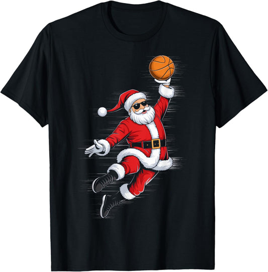 Cute Dunking Santa Playing Basketball Christmas Sports T-Shirt - T-Shirt | Black