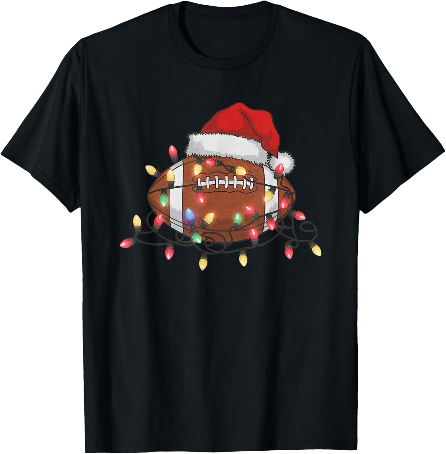 Christmas Football Santa Hat Lights Sports Fan T-Shirt - T-Shirt | Black
