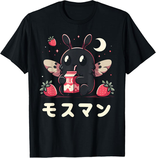 Kawaii Mothman Drinking Strawberry Milkshake T-Shirt - T-Shirt | Black