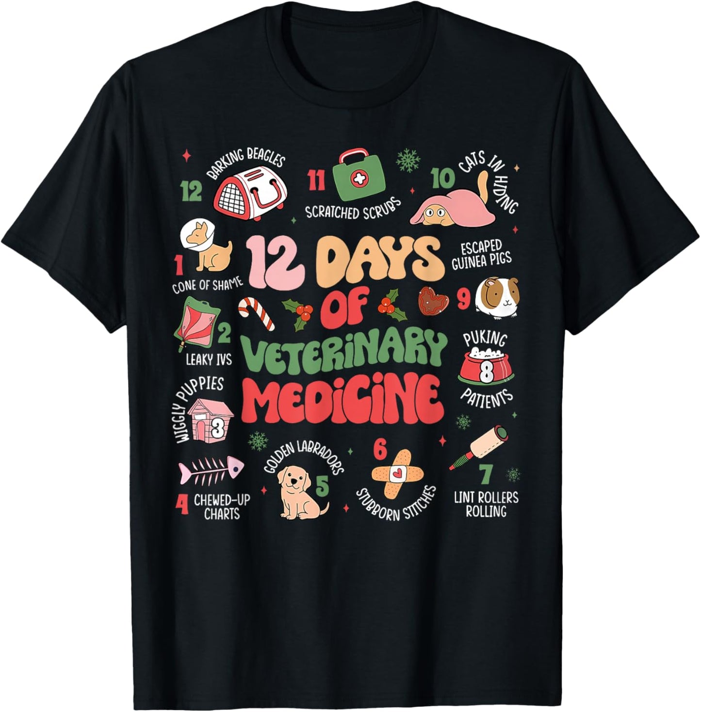 Funny Christmas Vet Tech 12 days of Veterinary Medicine T-Shirt - T-Shirt | Black