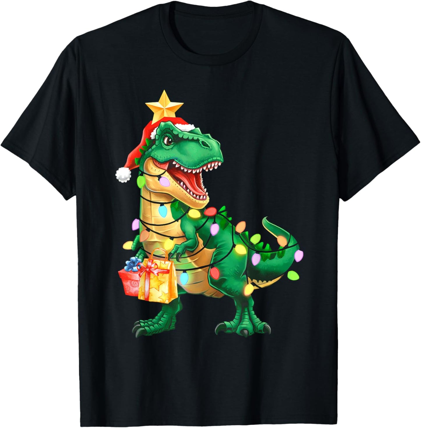 Christmas Shirts For Kids Xmas Tree Lights Dinosaur Boys T-Shirt - T-Shirt | Black