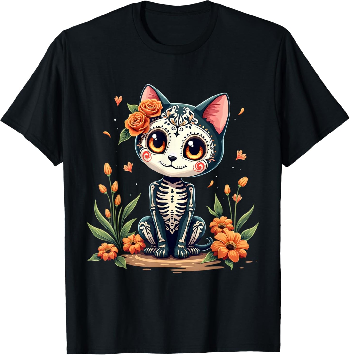 Colorful Sugar Skull Cat Mexican Halloween T-Shirt - T-Shirt | Black