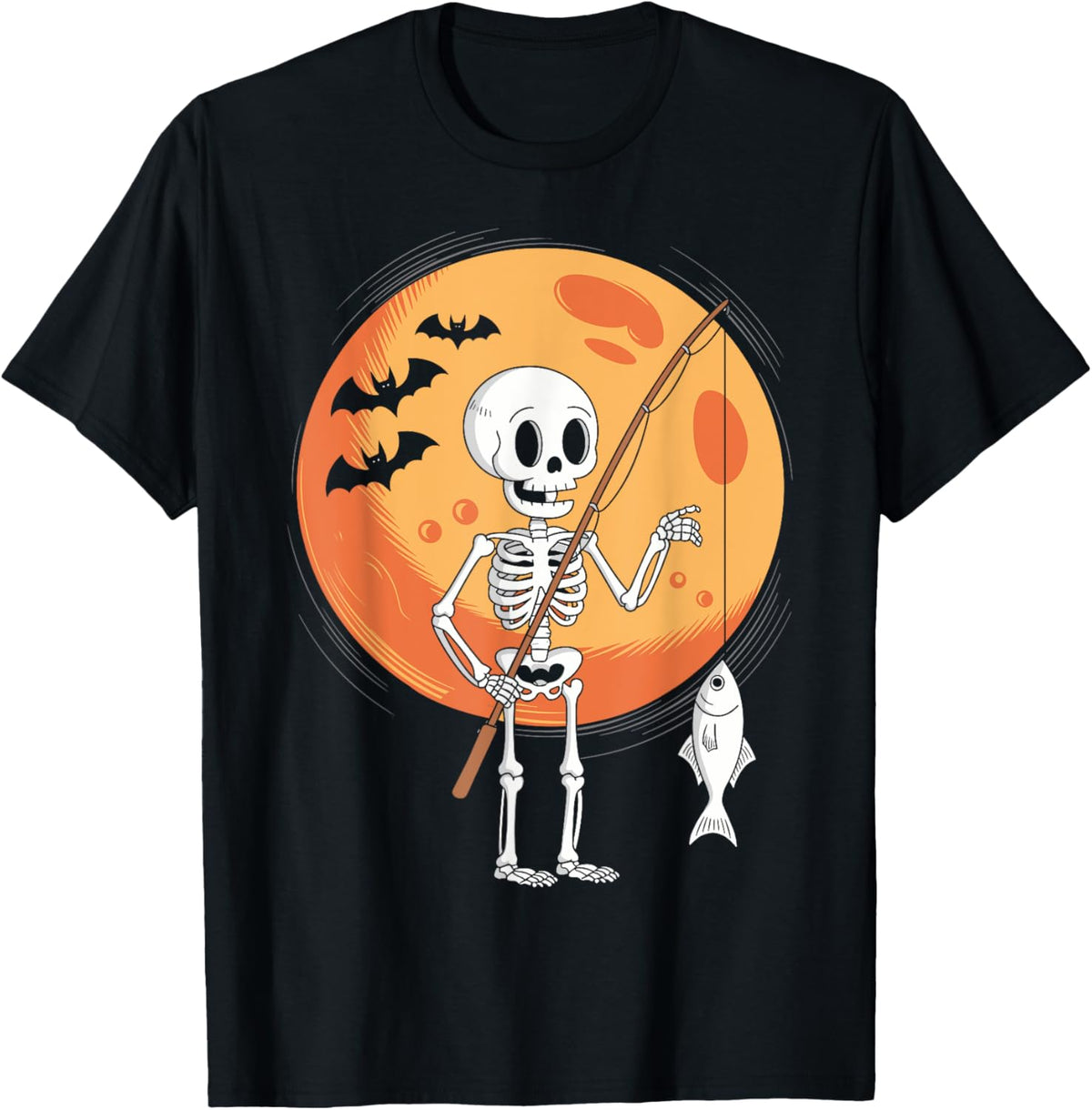 Funny Skeleton Fishing Lovers Moon Spooky Halloween Boys T-Shirt - T-Shirt | Black